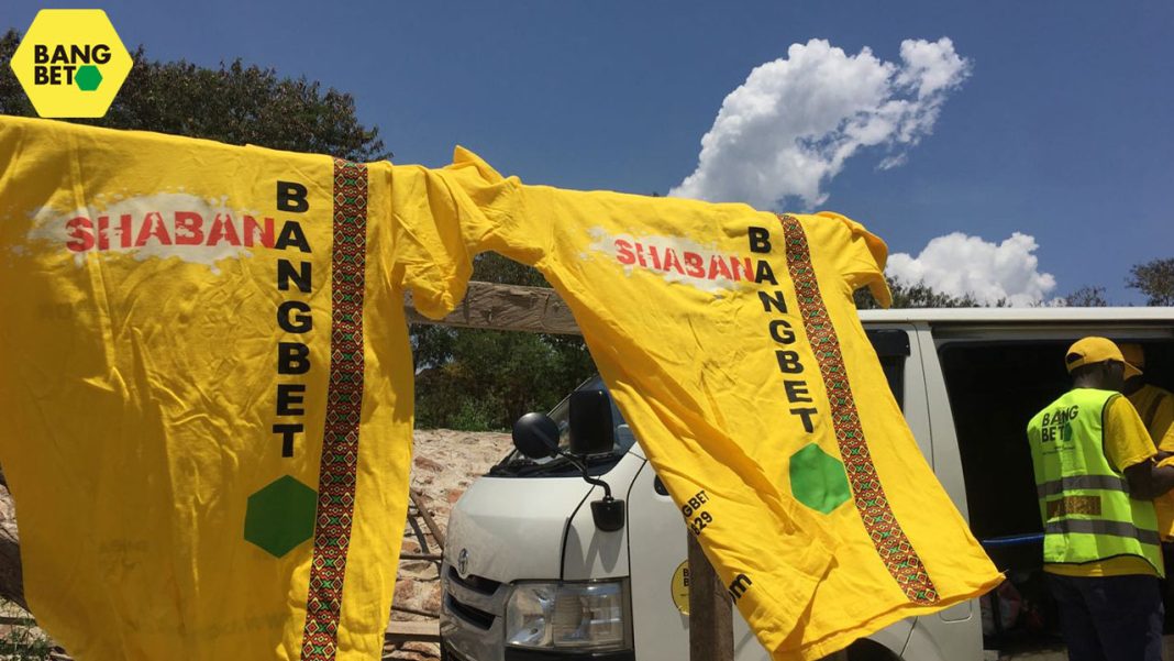 bangbet t-shirts on pole by the Raila Odinga Stadium gate at HomaBay