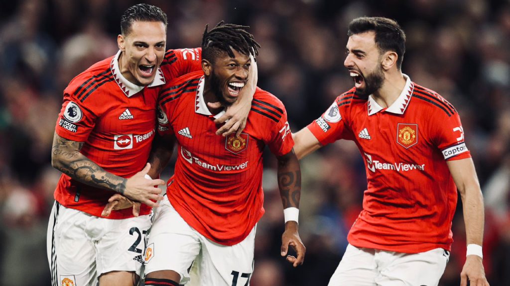 Fernanndes, Fred and  Casemiro Celebrating after a score.