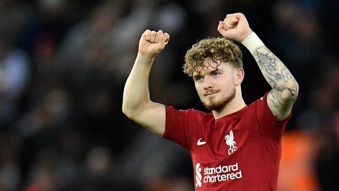 Harvey Elliot raising clenched fists to show victory.